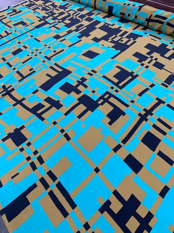 Abstract Art Deco Printed Silk Crepe de Chine - Turquoise / Navy / Mocha