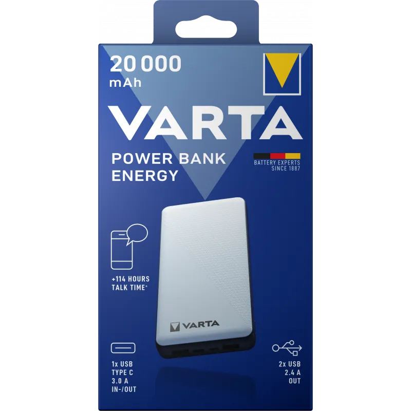 Baterie Externa Varta Energy, 20000mAh, 15W, 2 x USB-A - 1 x USB-C