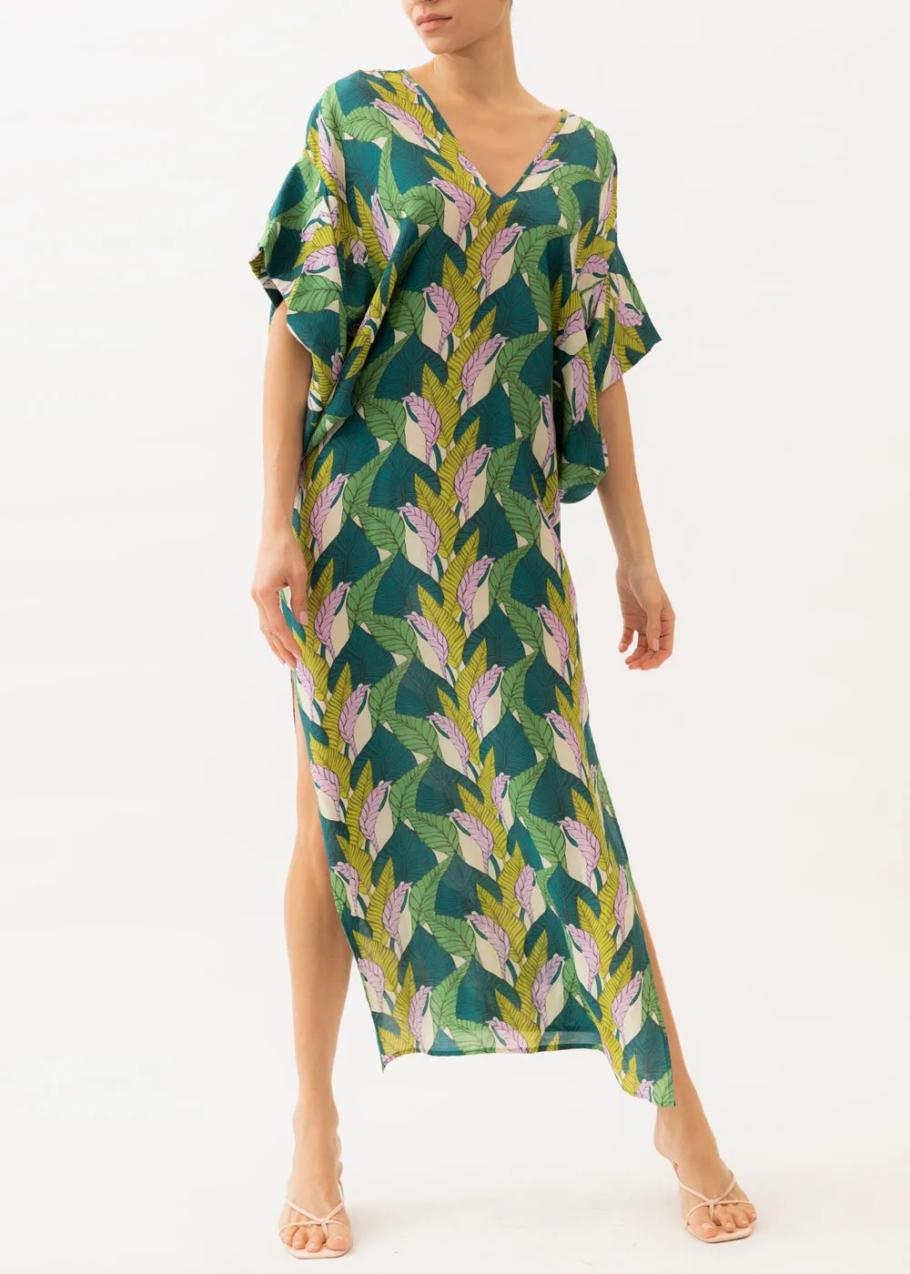 Beatriz Leaf Print Long Kaftan