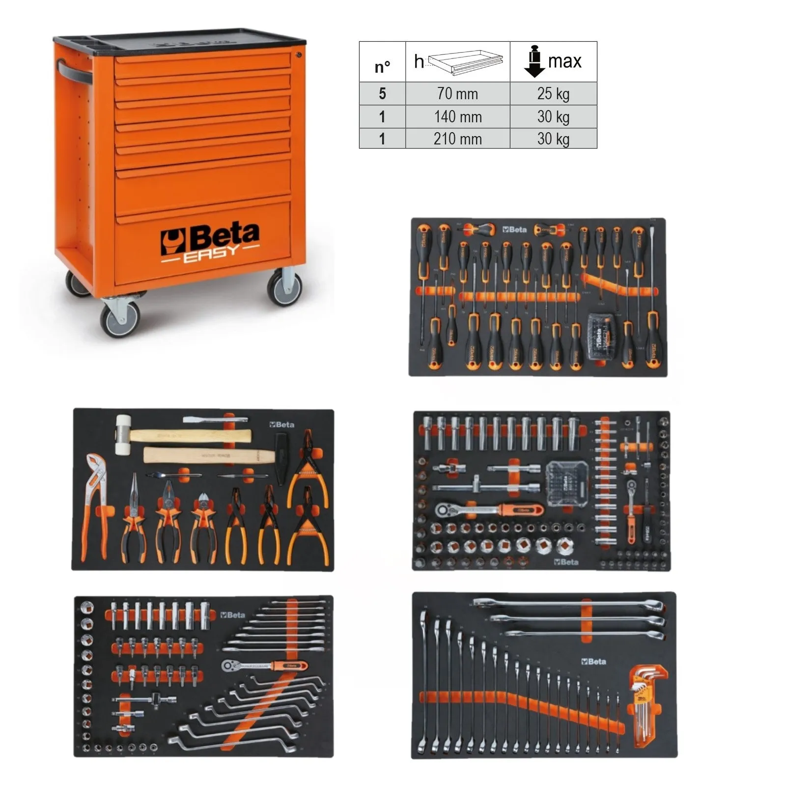 Carrello da officina a 4 ruote e con 7 cassetti, completo di 309 utensili BETA C24EH