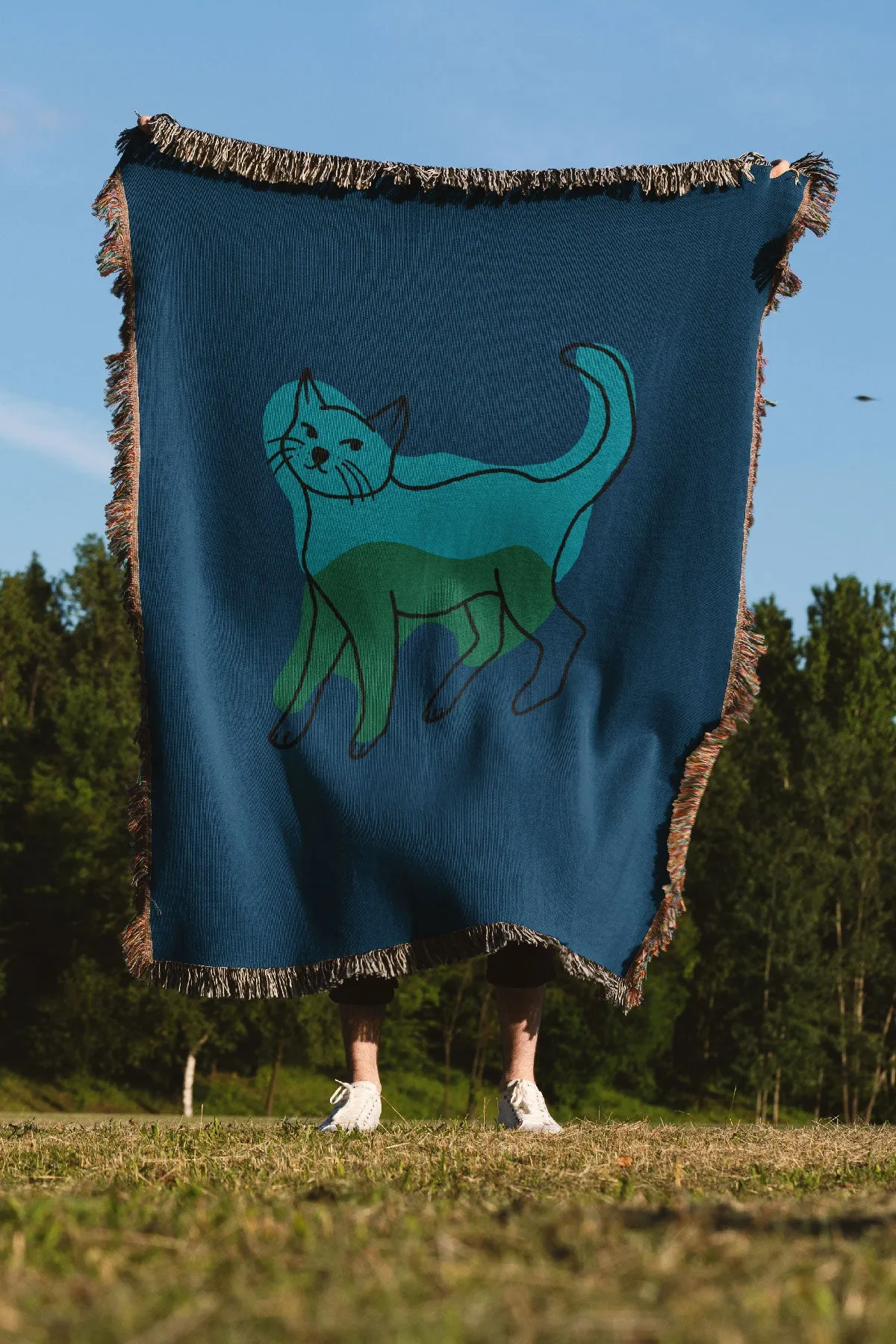 Cat Colour Jacquard Woven Blanket (Blue)