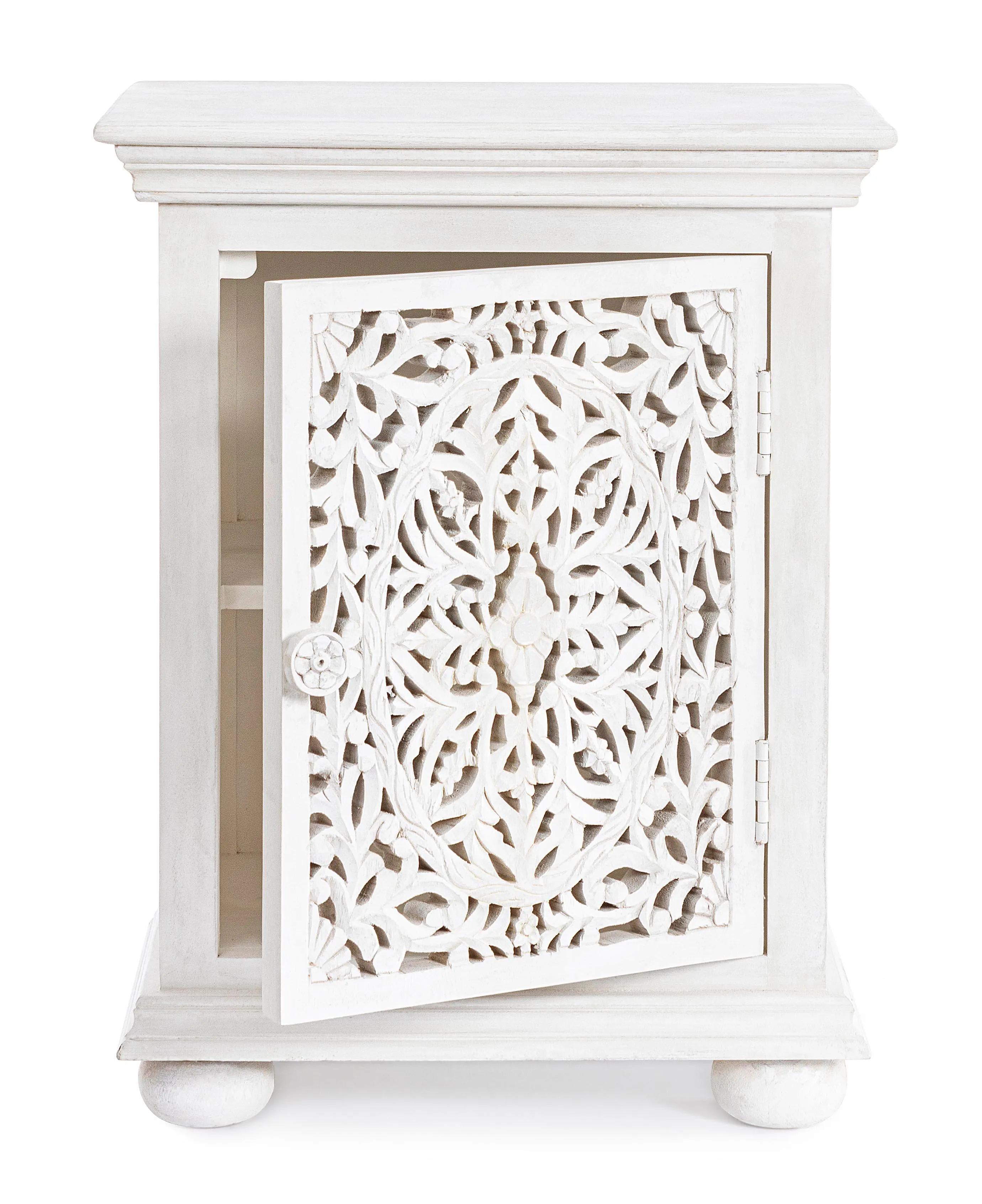 Comodino etnico indiano intarsiato in legno massello shabby chic