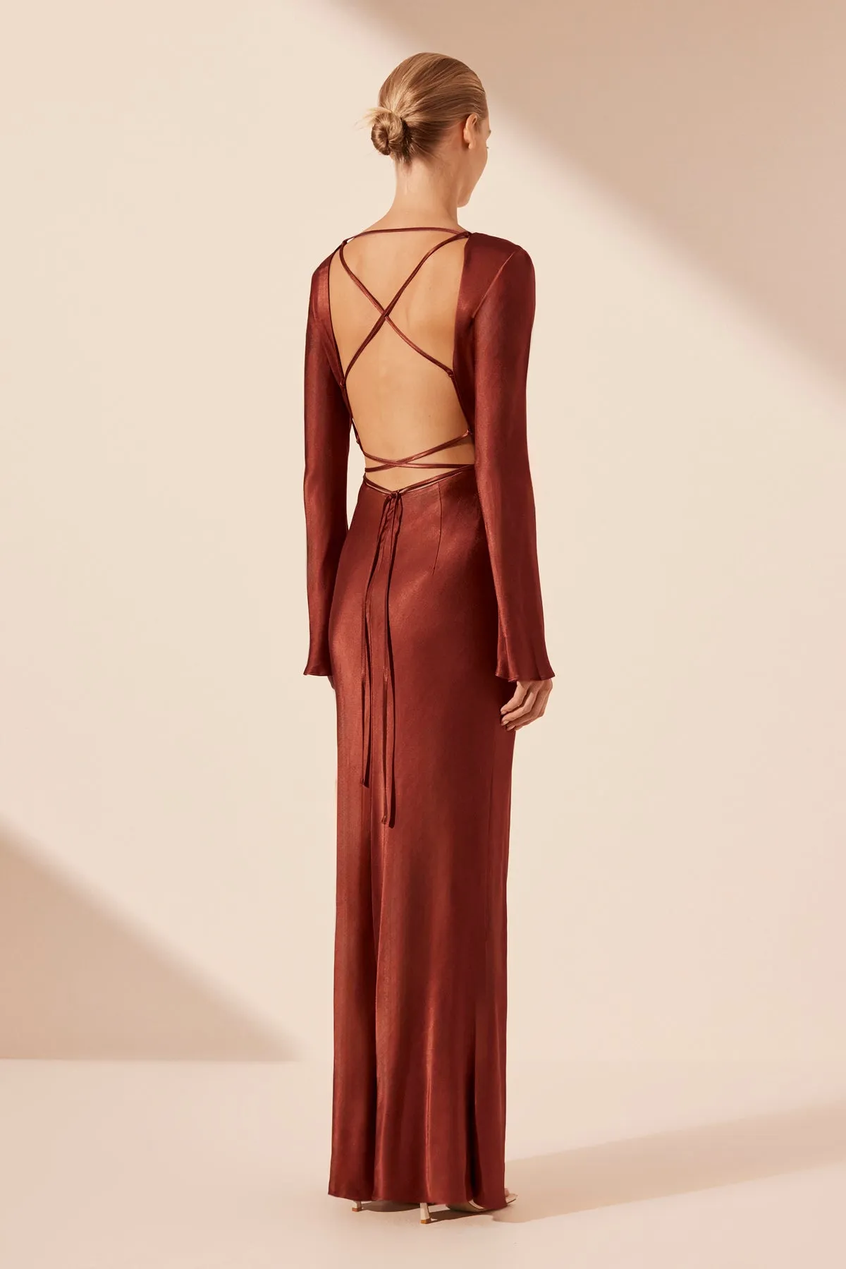 LINO OPEN BACK TIE MAXI DRESS - MAHOGANY