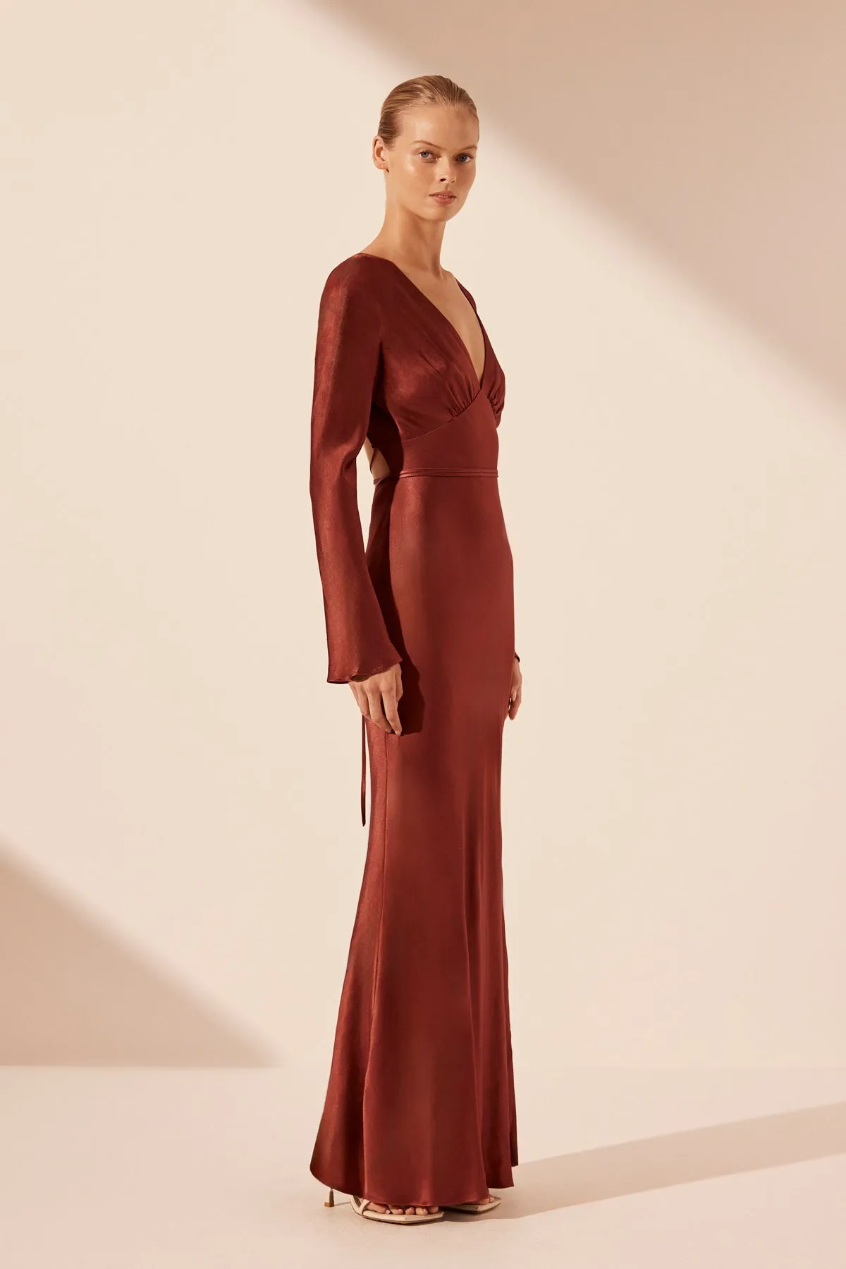 LINO OPEN BACK TIE MAXI DRESS - MAHOGANY