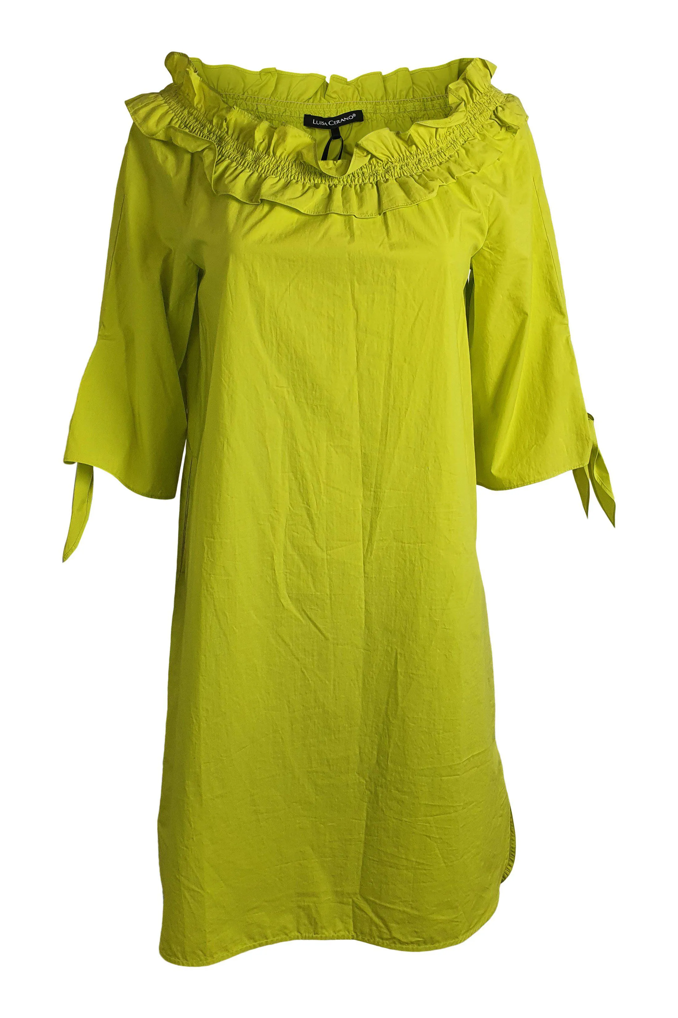 LUISA CERANO Mustard Yellow 100% Cotton Ruffle Collar Short Sleeved Dress (DE 34 | GB 8)