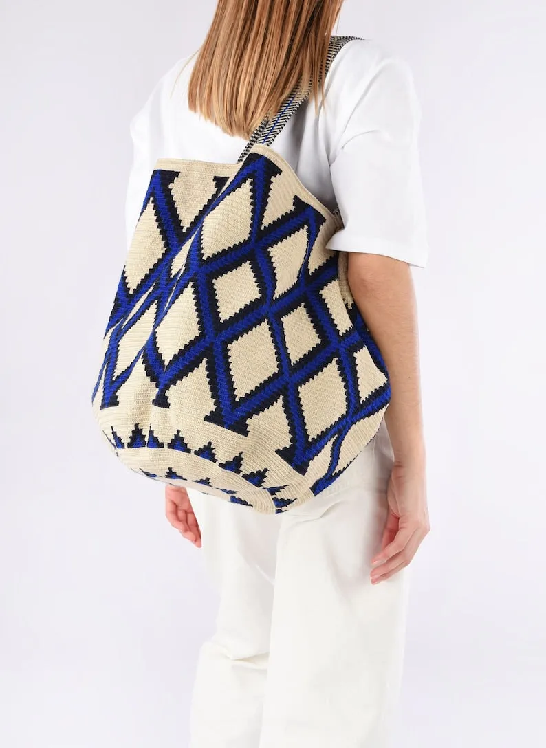 Mochilla Wayuu - tote bag blu / panna