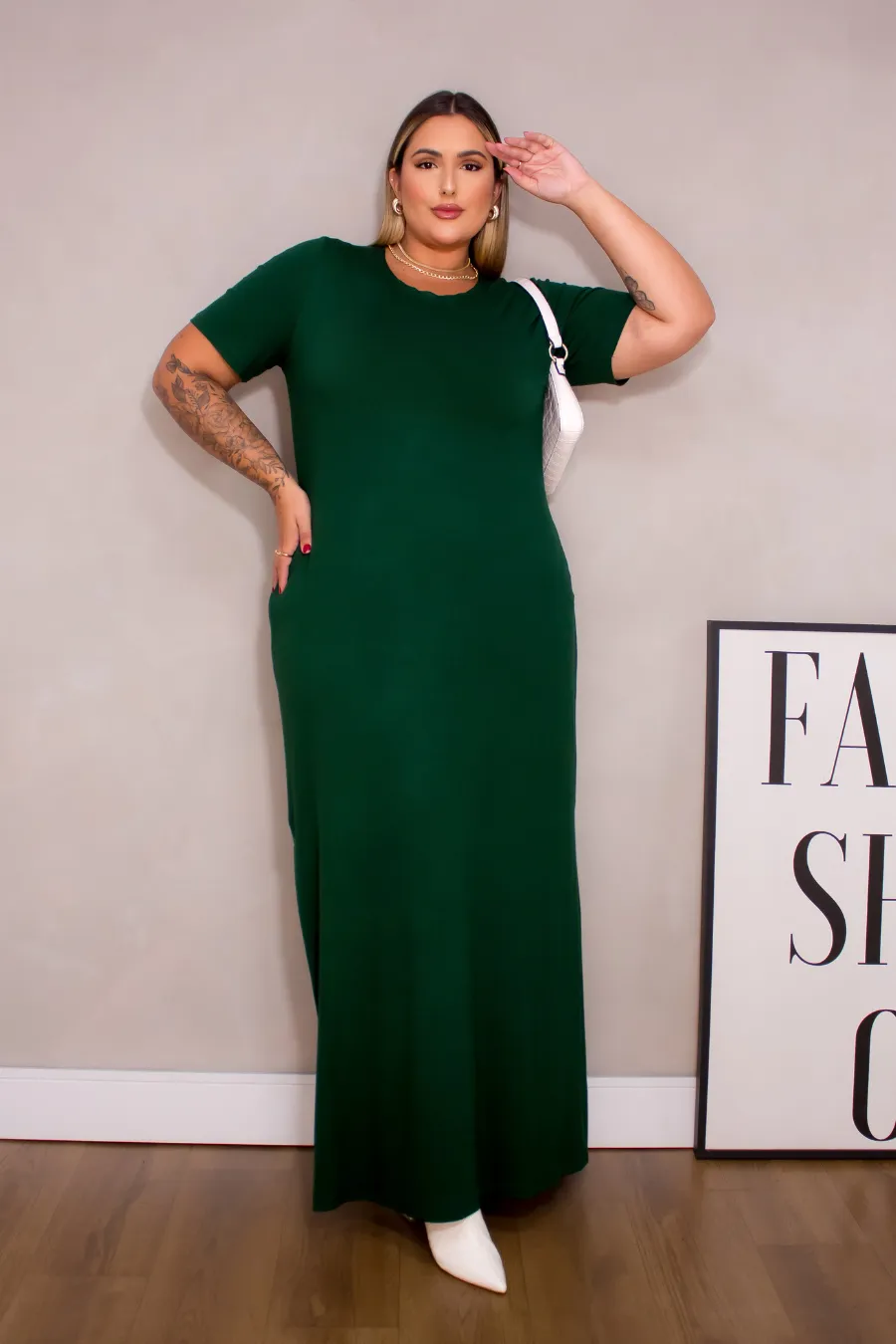 Vestido Plus Size Manga Eloisa Verde Militar