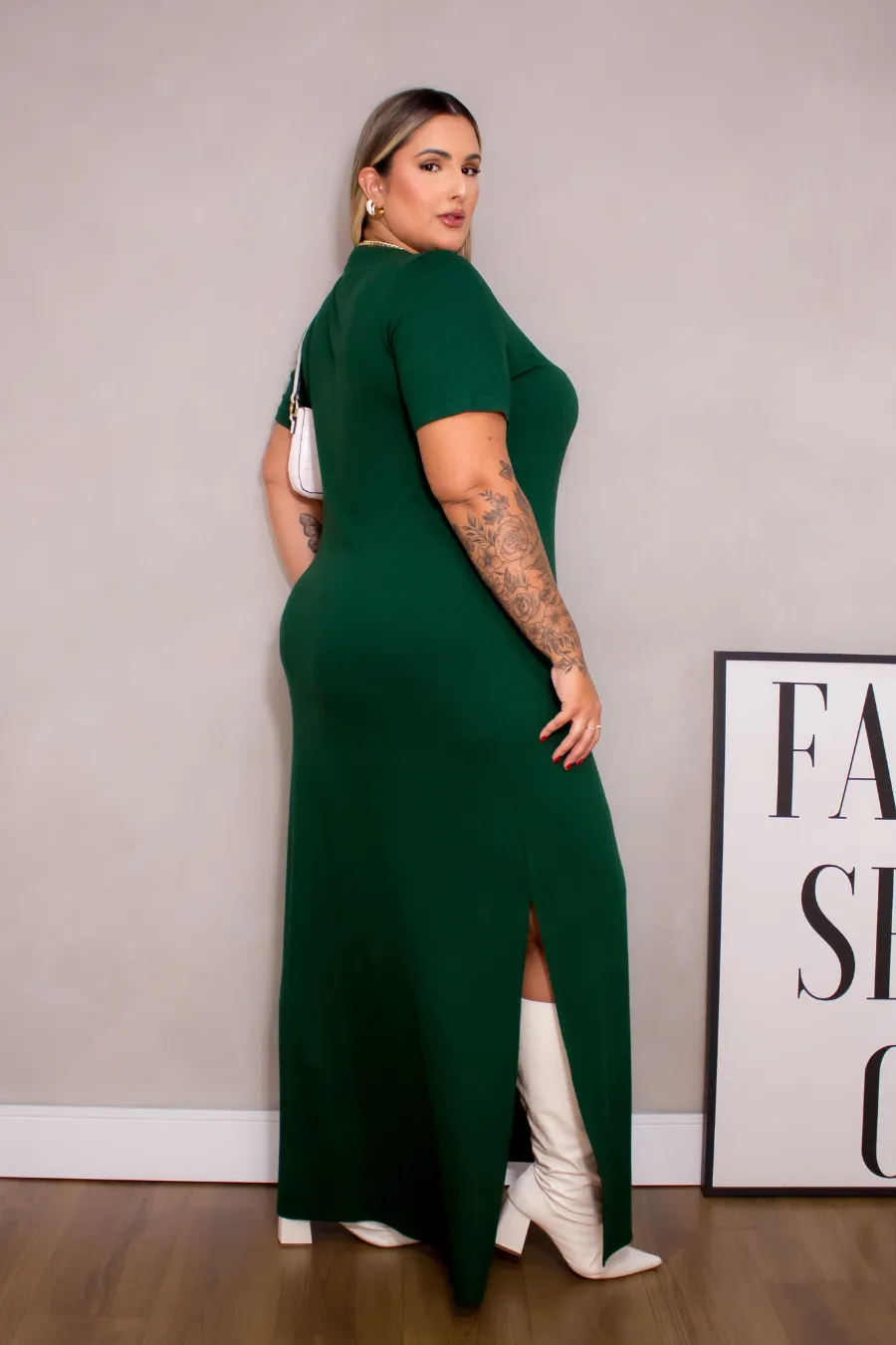 Vestido Plus Size Manga Eloisa Verde Militar